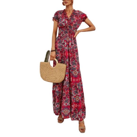 Camisa Dresses & Skirts - Camisa Wine Red Ruffle Trim V Neck Maxi Dress Size L